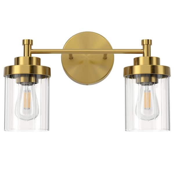 Merra 15.3 in. 2-Light Antique Brass Modern Vanity Light with Clear Ribbed Glass Shades E26 Sockets