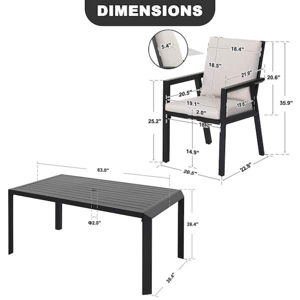 Black 7-Piece Aluminum Rectangular Outdoor Dining Set with Gray Zippered Cushions, Umbrella Hole