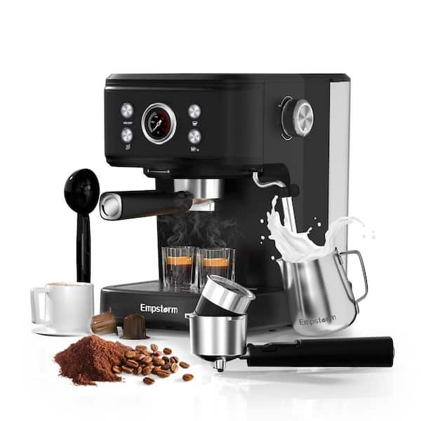 20-Bar 2 Cups Black Painted Semi-Auto Espresso Machine and Cappuccino Maker with Built-in Thermometer and Manual Frother