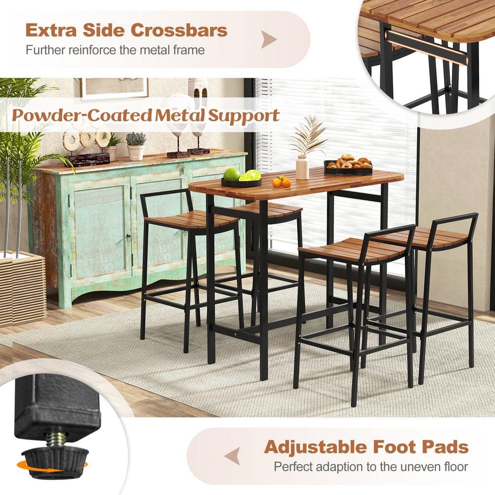 Natural and Black Acacia Wood 5-Piece Bar Height Table Set