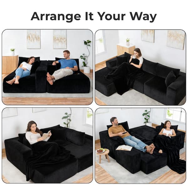 110 in. L-Shaped Modular Cloud Sectional Sofa, Premium Corduroy Upholstery, High-Resilience Foam, No Assembly - Black