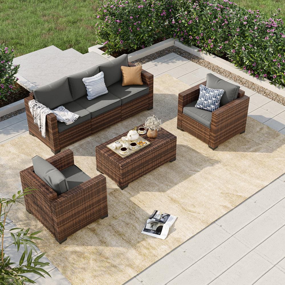 5-Seat 4-Piece Rattan Wicker Outdoor Patio Conversation Sectional Deep Seating Sofa Set with Gray Cushions, Storage Box price history on PriceWatchPro