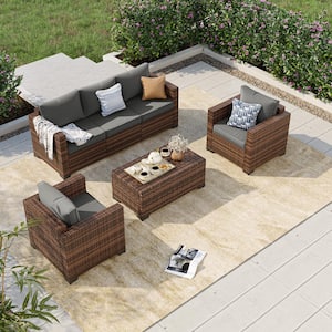 5-Seat 4-Piece Rattan Wicker Outdoor Patio Conversation Sectional Deep Seating Sofa Set with Gray Cushions, Storage Box