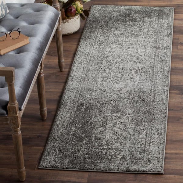 Evoke 2 ft. x 19 ft. Gray/Ivory Distressed Border Medallion Runner Rug