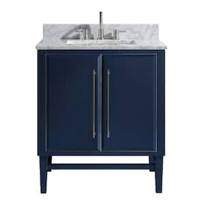 Mason 31 in. W x 22 in. D Bath Vanity in Navy Blue/Silver Trim with Marble Vanity Top in Carrara White with White Basin