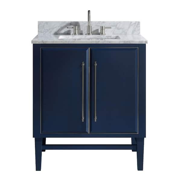 Avanity Mason 31 in. Single Sink Navy Blue with Silver Trim Bath Vanity with Carrara White Marble Top