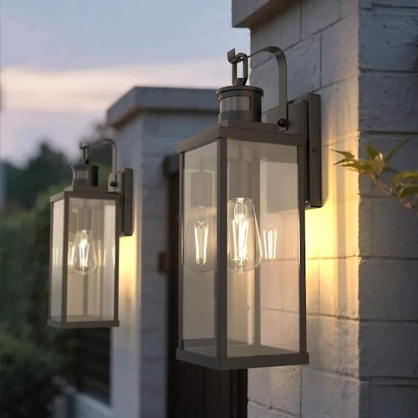 18 in. Black Motion Sensor Outdoor Wall Sconce, Vintage-Style Waterproof Lanterns with Clear Glass, 2-Pack