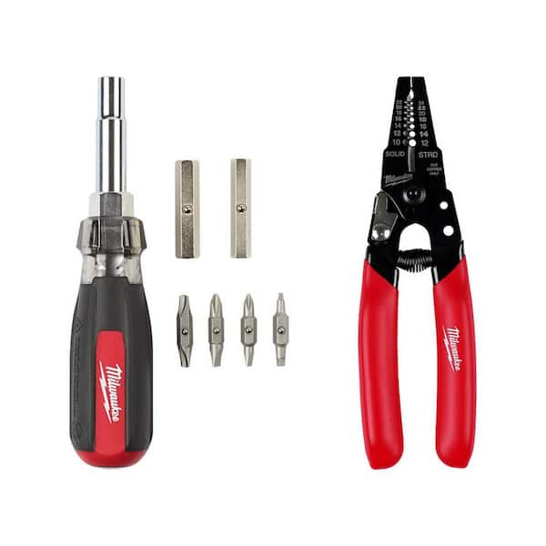 Milwaukee 13-in-1 Multi-Tip Cushion Grip Screwdriver with 10-24 AWG Compact Dipped Grip Wire Stripper and Cutter (2-Piece)