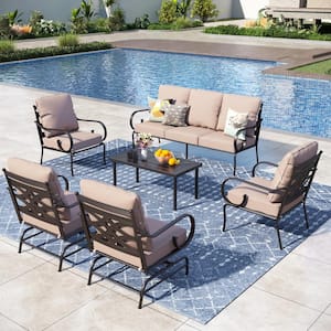 7 Seat 6-Piece Black Metal Steel Outdoor Patio Conversation Set with Beige Cushions, 2 Motion Chairs And Table