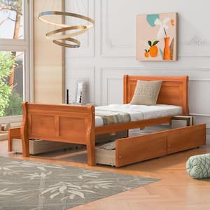 Oak(Orange) Wood Frame Twin Size Platform Bed with 4 Storage Drawers on Each Side
