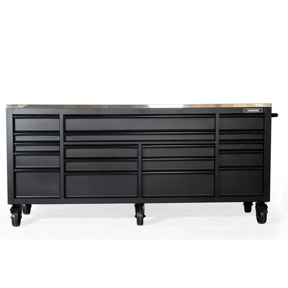 84 in. W x 24 in. D 18-Drawer Heavy-Duty Mobile Workbench with Stainless Steel Top in Matte Black -  Husky, HOTC8418BB1M