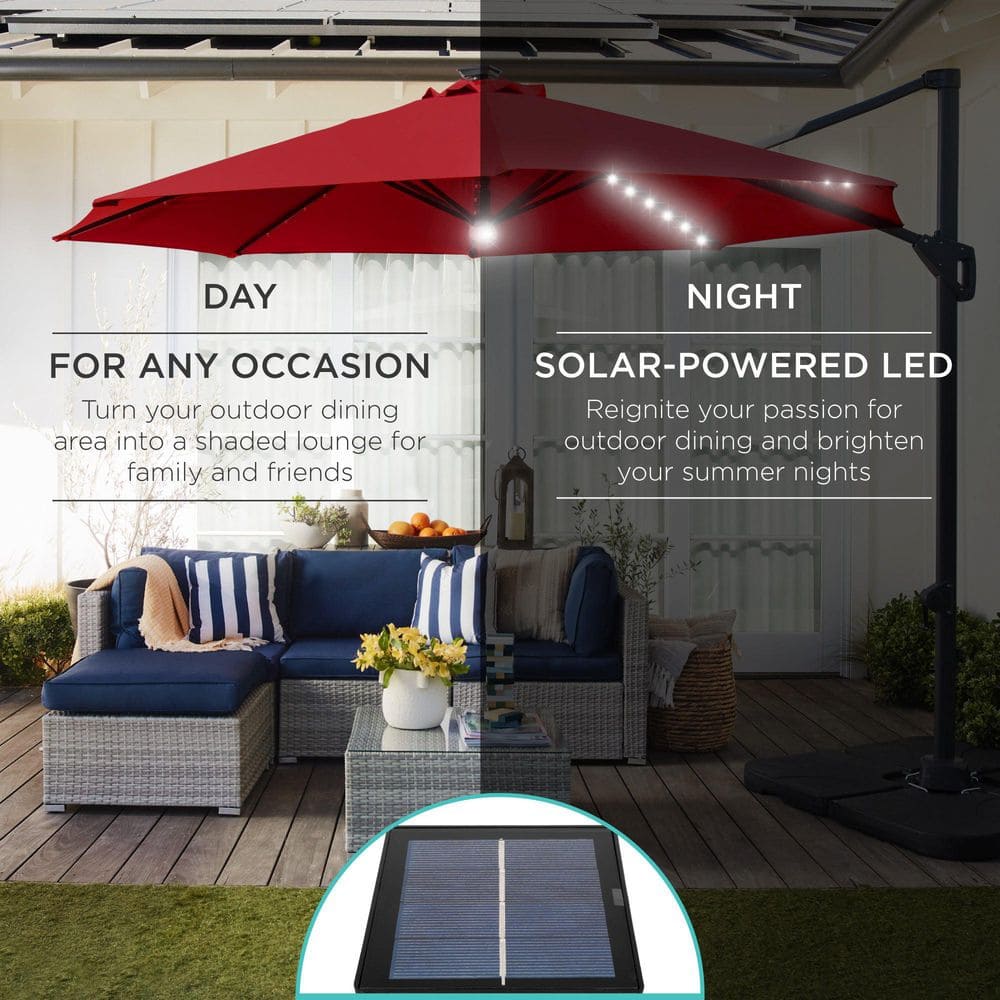 Red Solar LED Cantilever Patio Umbrella with Powder-Coated Aluminum Pole
