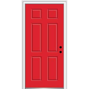 36 in. x 80 in. 6-Panel Left-Hand/Inswing Red Saffron Fiberglass Prehung Front Door with 4-9/16 in. Jamb Size