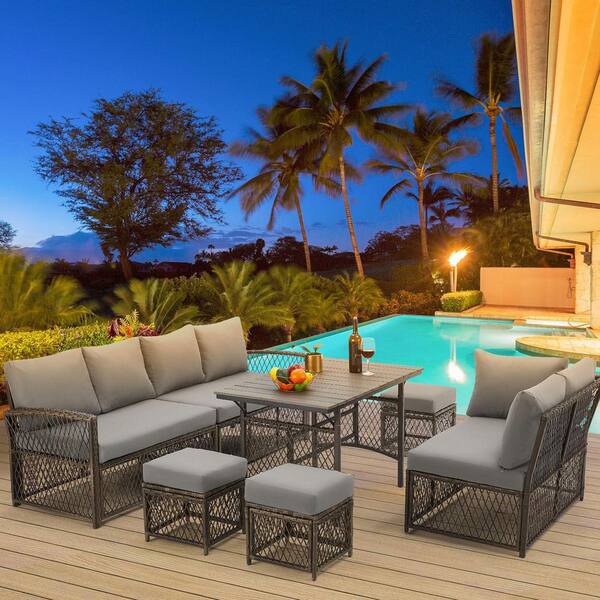 Tenleaf 7-Piece Gray Wicker Patio Conversation Set with Gray Cushions ...
