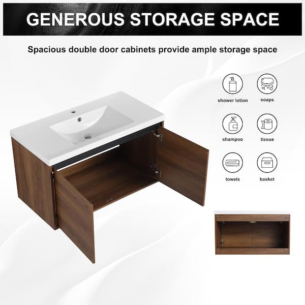 36 in. W x 18 in. D x 21 in. H Single Sink Wall Mounted Floating Bath Vanity in Brown with White Acrylic Top