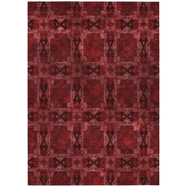 Burgundy and Black 8 ft. x 10 ft. Woven Floral;Medallion Rectangle Indoor/Outdoor Area Rug