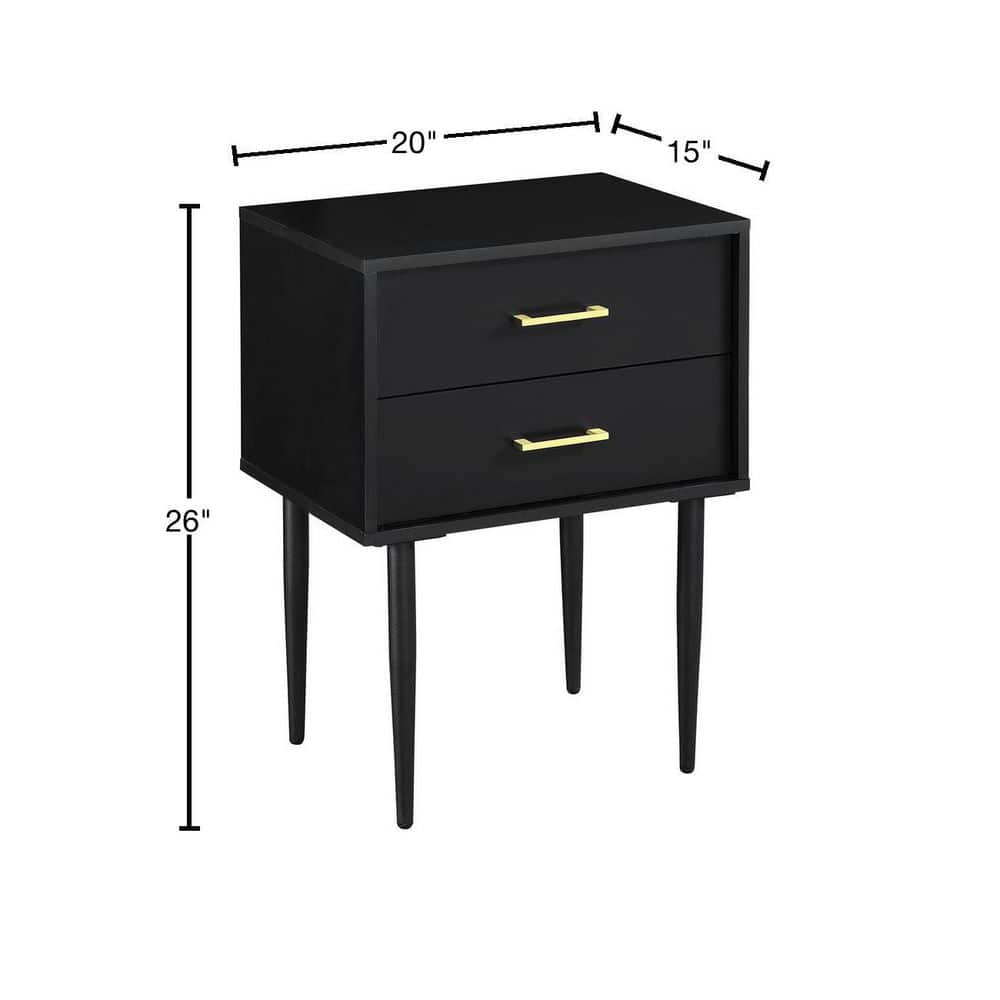 Black Wood and Metal 2-Drawer Side Table with Storage