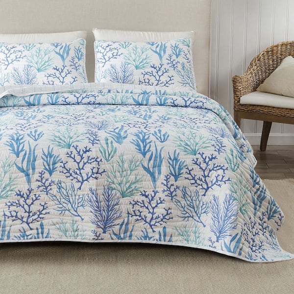 Blue Watercolor Coral Coastal Microfiber Quilt Set (2-or 3-Piece)