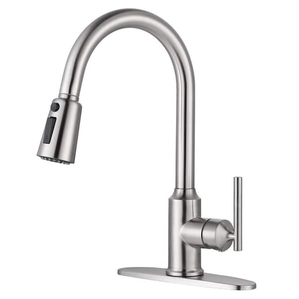 WOWOW Single-Handle Pull-Down Stainless Steel Sprayer Kitchen Faucet with PowerSpray and Temperature Control in Brushed Nickel
