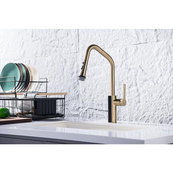 1-Handle 21 in. H Pull Down Sprayer Kitchen Faucet 3-Spray Fixed Sink Faucet with Digital Display in Brushed Gold