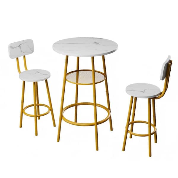 CSC DECOR INC 3-Piece White MDF Round Bar Table Set Dining Table for 2 Breakfast Table with Storage 2 Stools with Backrest Bistro Set