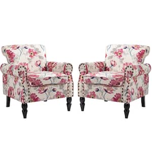 Pink and White Multicolor Floral Linen Nailhead Trim Upholstered Accent Armchair With Solid Wood Legs(Set of 2)