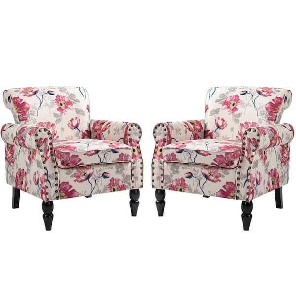 Pink and White Multicolor Floral Linen Nailhead Trim Upholstered Accent Armchair With Solid Wood Legs(Set of 2)