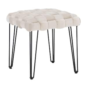 Grace Cream Basketweave Square Ottoman with Black Metal Hairpin Legs
