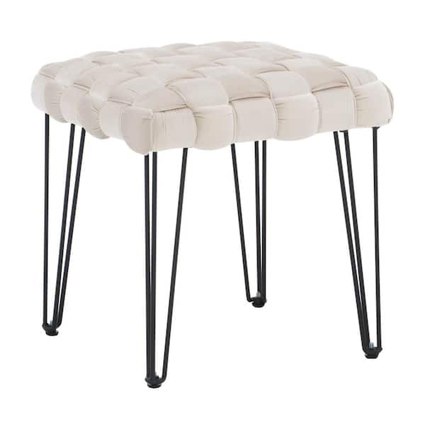 Linon Home Decor Grace Cream Basketweave Square Ottoman with Black Metal Hairpin Legs
