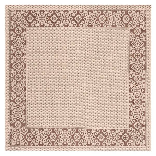 Courtyard Cream/Light Chocolate 7 ft. x 7 ft. Solid Color Floral Border Indoor/Outdoor Square Area Rug