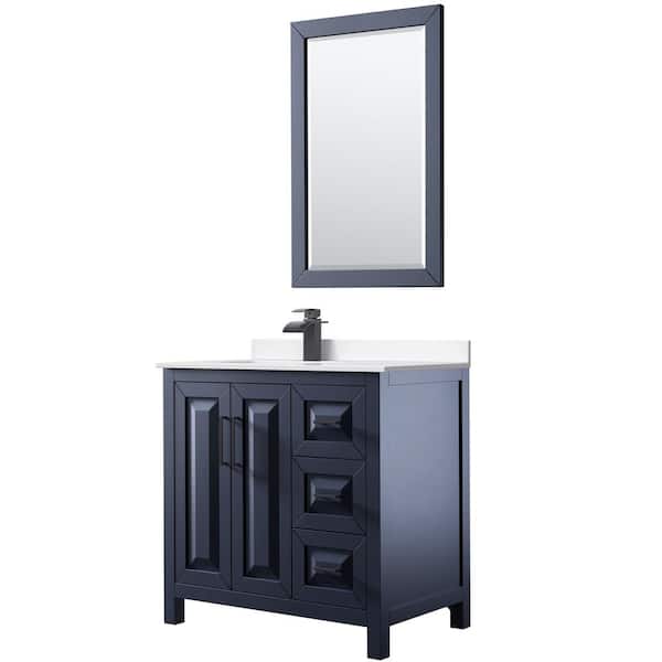 Wyndham Collection Daria 36 in. W x 22 in. D x 35.75 in. H Single Bath Vanity in Dark Blue with White Cultured Marble Top and 24 in. Mirror