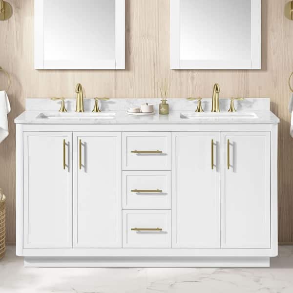 Tamsin 60 in. Double Sink White Bath Vanity with White Round Corner Engineered Marble Top (Assembled)