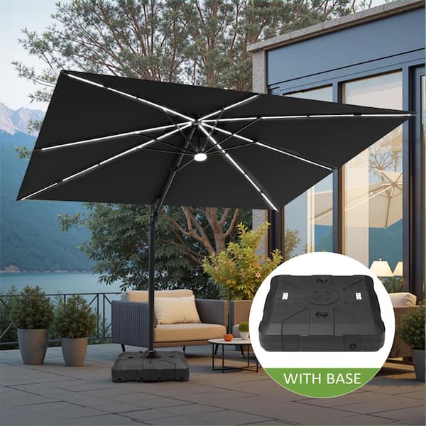 9 ft. x 11 ft. Dual Top Solar LED Patio Umbrella Outdoor 360° Rotation Cantilever Offset Umbrella in Black with Base