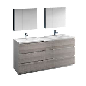 Lazzaro 72 in. Modern Double Bathroom Vanity in Glossy Ash Gray, Vanity Top in White with White Basins,Medicine Cabinet