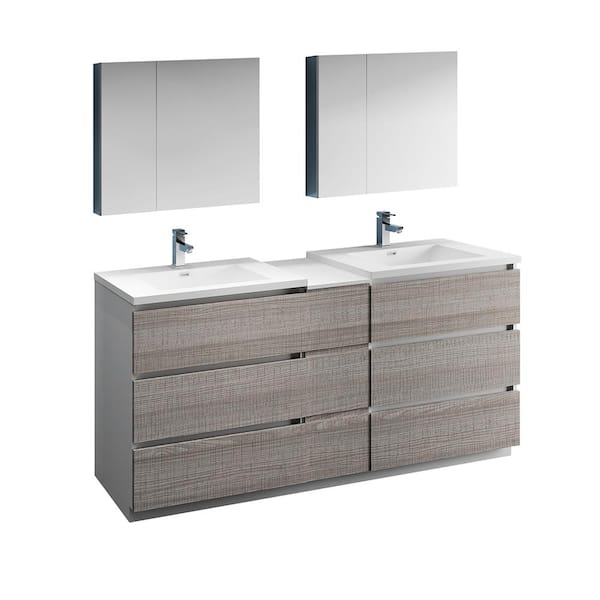 Fresca Lazzaro 72 in. Modern Double Bathroom Vanity in Glossy Ash Gray, Vanity Top in White with White Basins,Medicine Cabinet