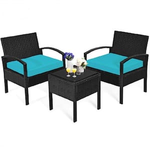 3-Piece Wicker Patio Conversation Set with Turquoise Cushions and Compact Size Table