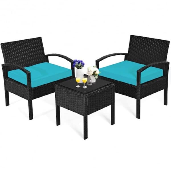 FORCLOVER 3-Piece Wicker Patio Conversation Set with Turquoise Cushions and Compact Size Table