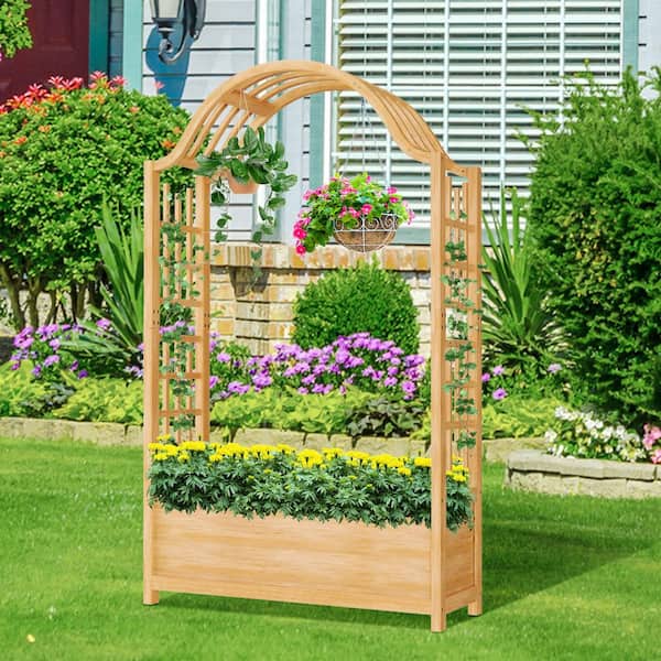 Raised Garden Bed with Trellis Wood Vertical Planter Box with Arch Trellis Outdoor with Hanging Roof for Climbing Plant
