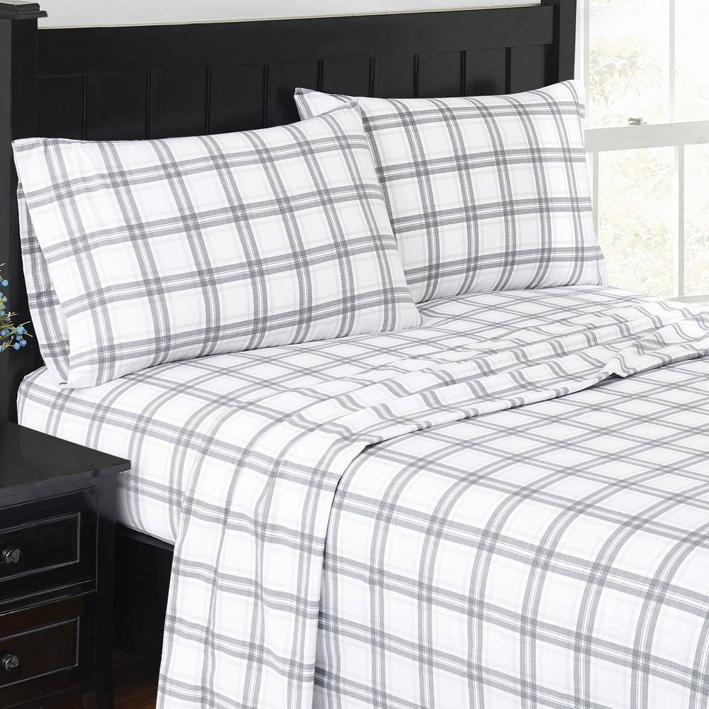 Queen Grey Plaid Cotton Flannel Sheet Set
