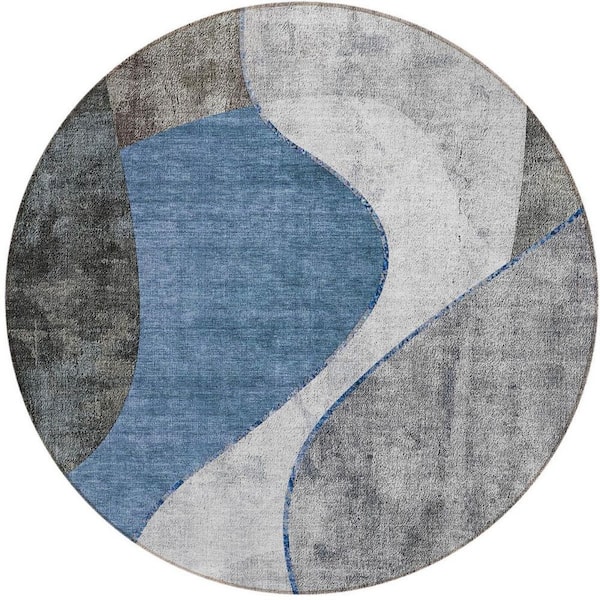 Denim Blue, Sky Blue 8 ft. Round Woven Abstract Polyester Round Indoor/Outdoor Area Rug