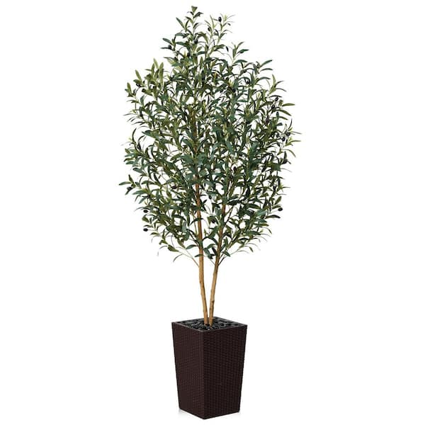 6 ft. Artificial Olive Tree Indoor/Outdoor Coffee Planter,Real Wood Trunk,Faux Plants for Home Office Living Room Decor