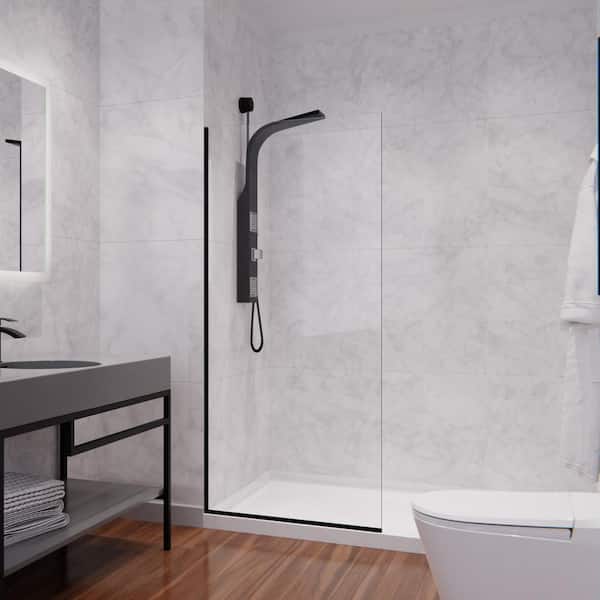 Veil Series 34 in. x 74 in. H Fixed Frameless Shower Door in Matte Black with Tsunami Guard Tempered Clear Glass
