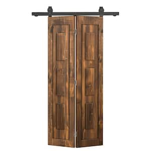 26 in. x 80 in. 3 Panel Shaker Hollow Core Walnut Pine Wood Bi-fold Door with Sliding Barn Door Hardware Kit