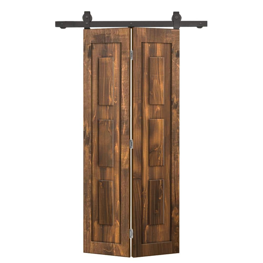30 in. x 84 in. 3 Panel Shaker Hollow Core Walnut Pine Wood Bi-Fold Door with Sliding Barn Door Hardware Kit price history on PriceWatchPro