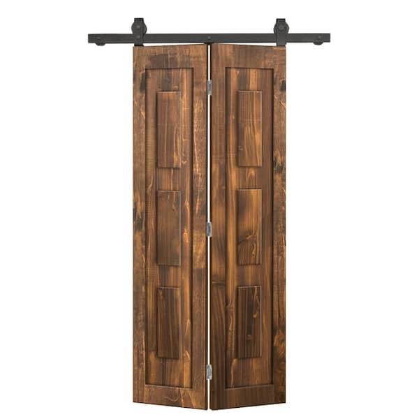 36 in. x 84 in. 3-Panel Shaker Hollow Core Walnut Pine Wood Bi-fold Door with Sliding Barn Door Hardware Kit