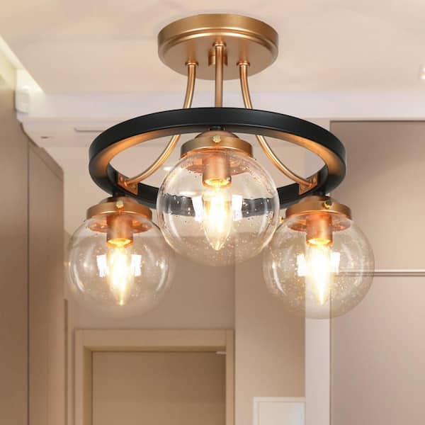 Skubnkoh Modern 14.5 in. 3-Light Black and Gold Cluster Semi-Flush Mount Ceiling Light with Globe Seeded Glass Shade