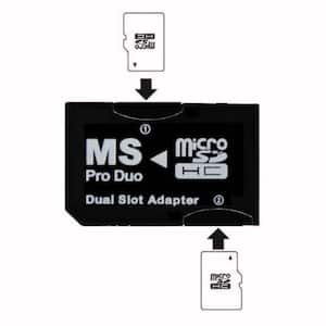 Dual Slot MicroSD to MS PRO DUO Adapter for Sony PSP, Converts 2-MicroSD or MicroSDHC Cards, Black
