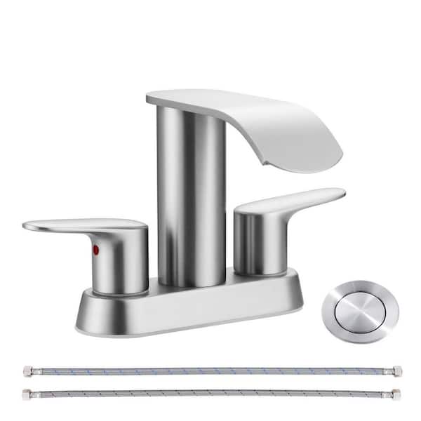 Waterfall 4 in. Centerset Double-Handle Bathroom Sink Faucet, Modern Faucet with Pop Up Drain in Brushed Nickel