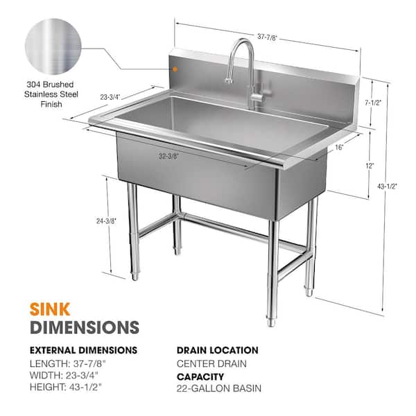 Freestanding Stainless Steel 38 in. 2-Hole Single Bowl Commercial Kitchen Sink Freestanding Stainless Steel 38 in. 2-Hole Single Bowl Commercial Kitchen Sink