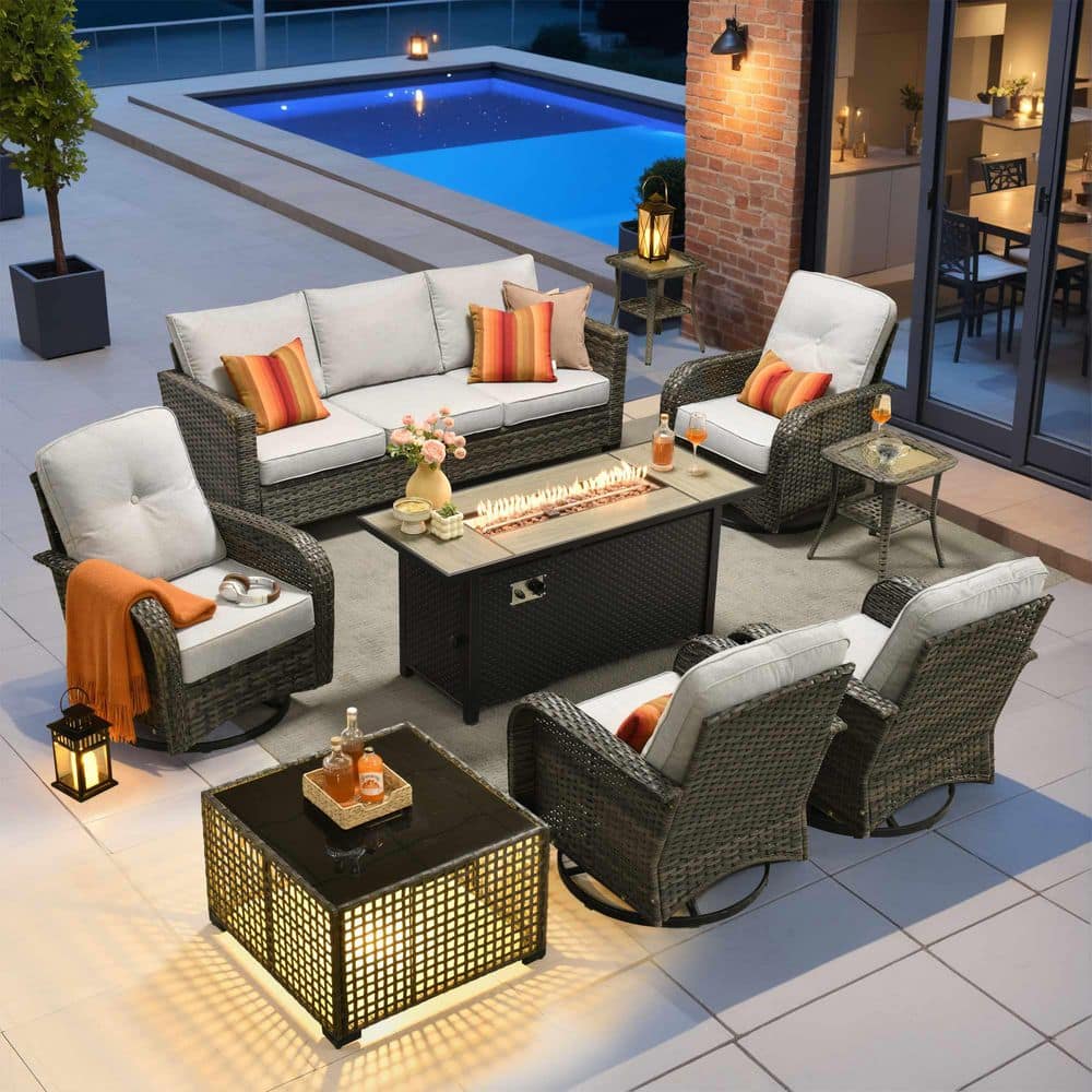Onyx 9 Pieces Wicker Outdoor Patio Rectangular Fire Pit Set and Swivel Rocking Chairs with Gray Cushions price history on PriceWatchPro